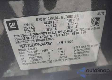 2015 GMC Sierra 1500 Sle из США, поврежденный, VIN 1GTV2UEH3FZ443351